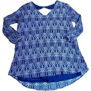 Lush Blue White Boho Print Long Sleeve Tunic Top Size M
